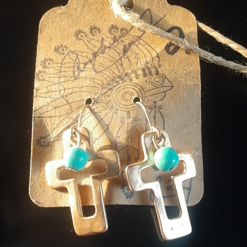 Turquoise Gold Tone Hammered Crosses